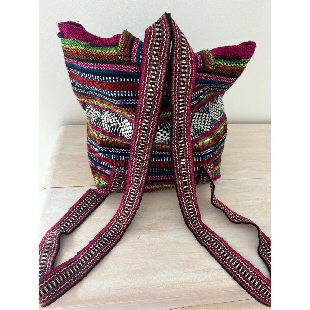 Artesanias Pinzon Woven Boho Backpack Multi Color Striped Drawstring Bag